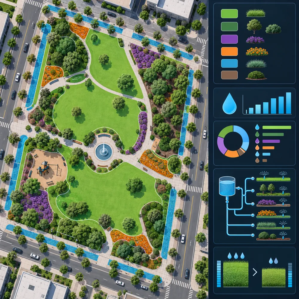 מפת GIS של פארק עירוני עם סיווג שטחי גינון לפי סוגי צמחייה ונתוני צריכת מים